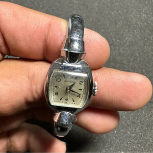 Vintage Benrus Ladies Mechanical Wind Up Watch Cuff Bracelet Silver Tone Working